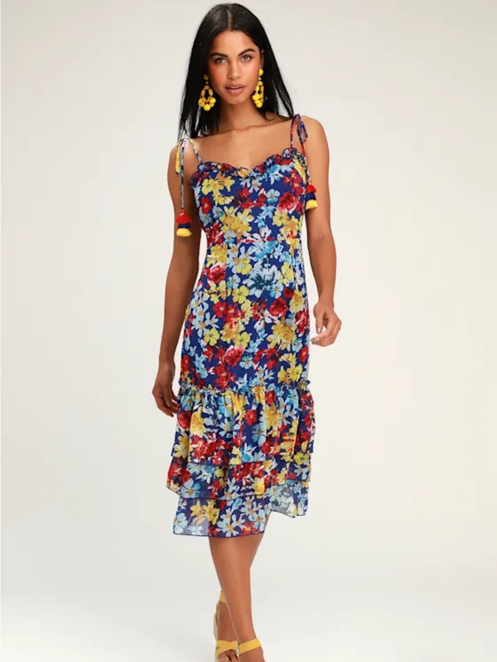 Lulu's Blue Floral Tie-Shoulder Midi Dress with Red and Yellow Blooms
